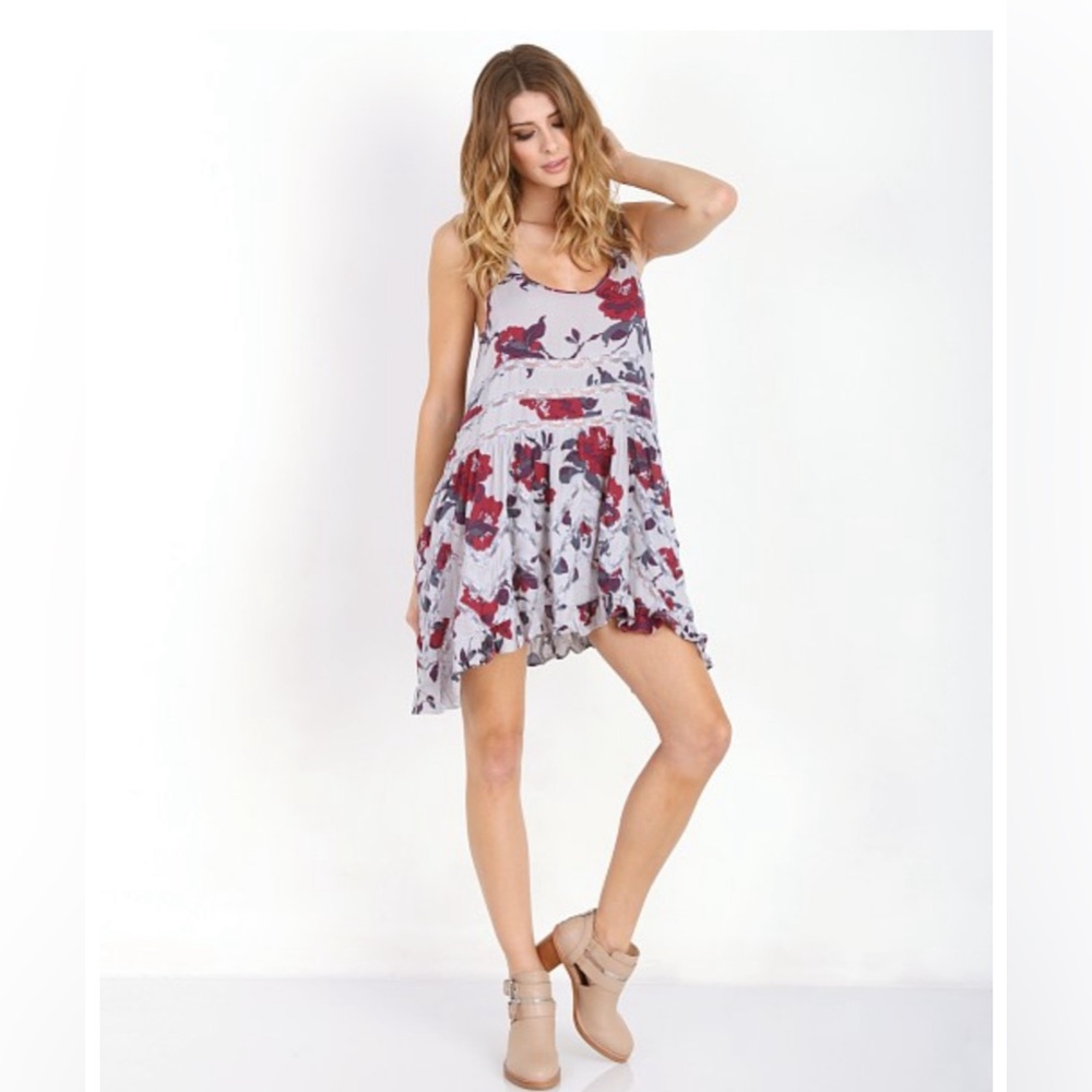 Intimately Free People Gray Red Floral Voile and Lace Trapeze Slip Dress XS